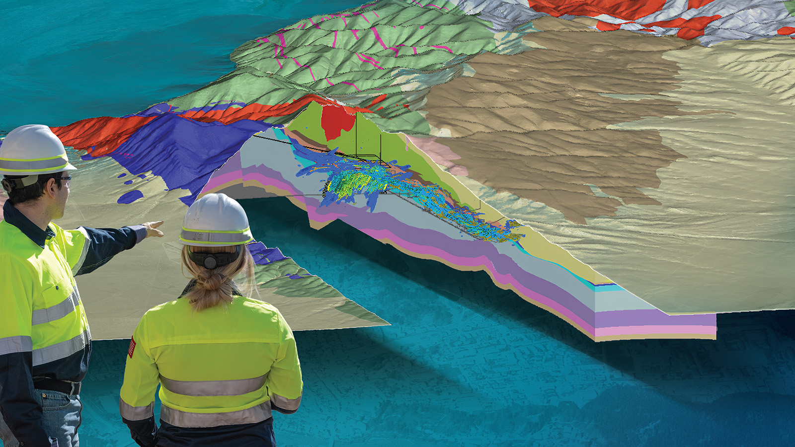The 3D geological model of the Cortez district, Nevada, cut out to reveal the Fourmile-Goldrush orebody wireframes as modelled by the Fourmile-Goldrush geological team.
