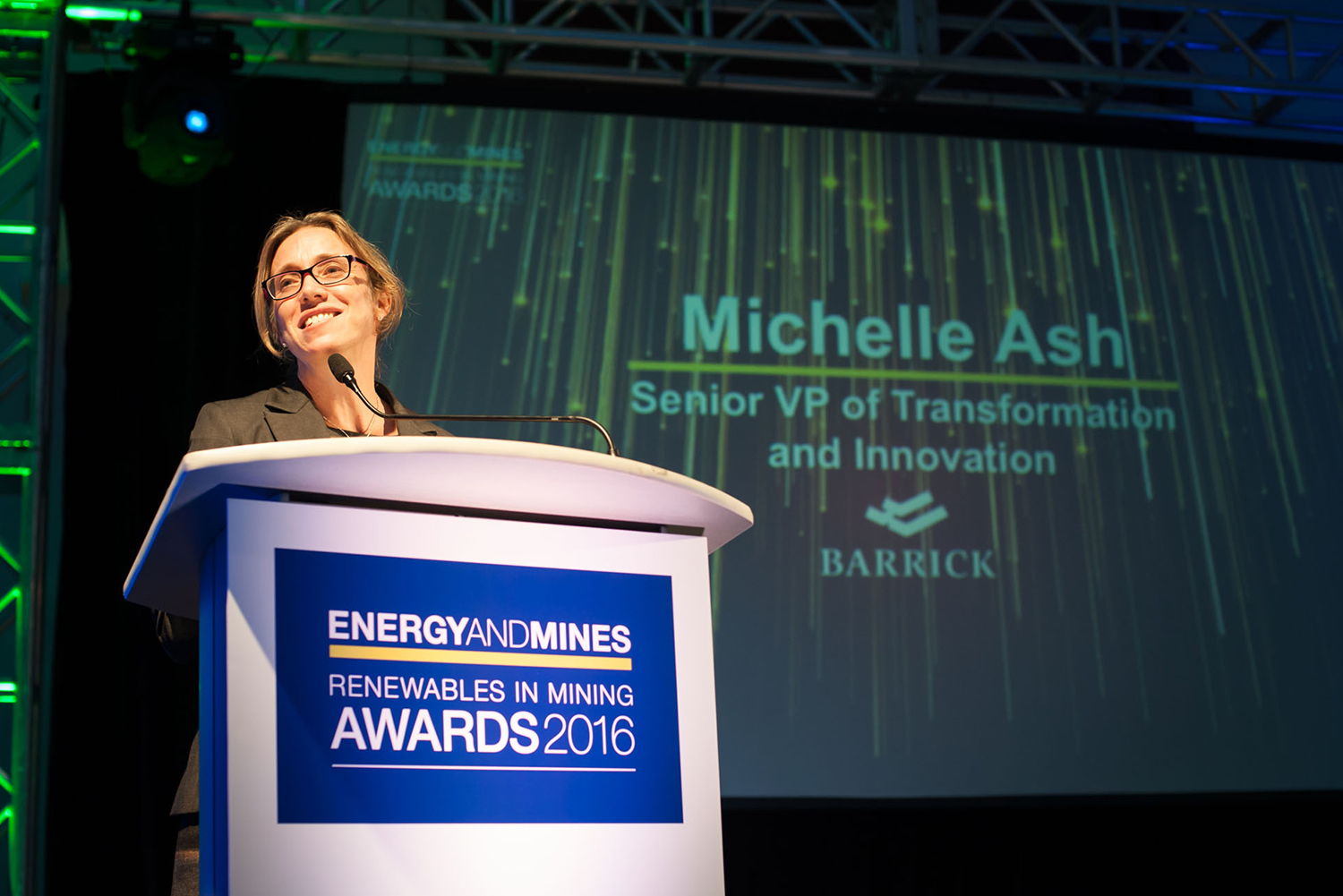 Michelle Ash, Senior Vice President of Transformation and Innovation at Barrick, delivered the keynote presentation at the Energy and Mines Renewables in Mining Awards. Barrick won the Outstanding Commitment to Renewables in Mining Award.