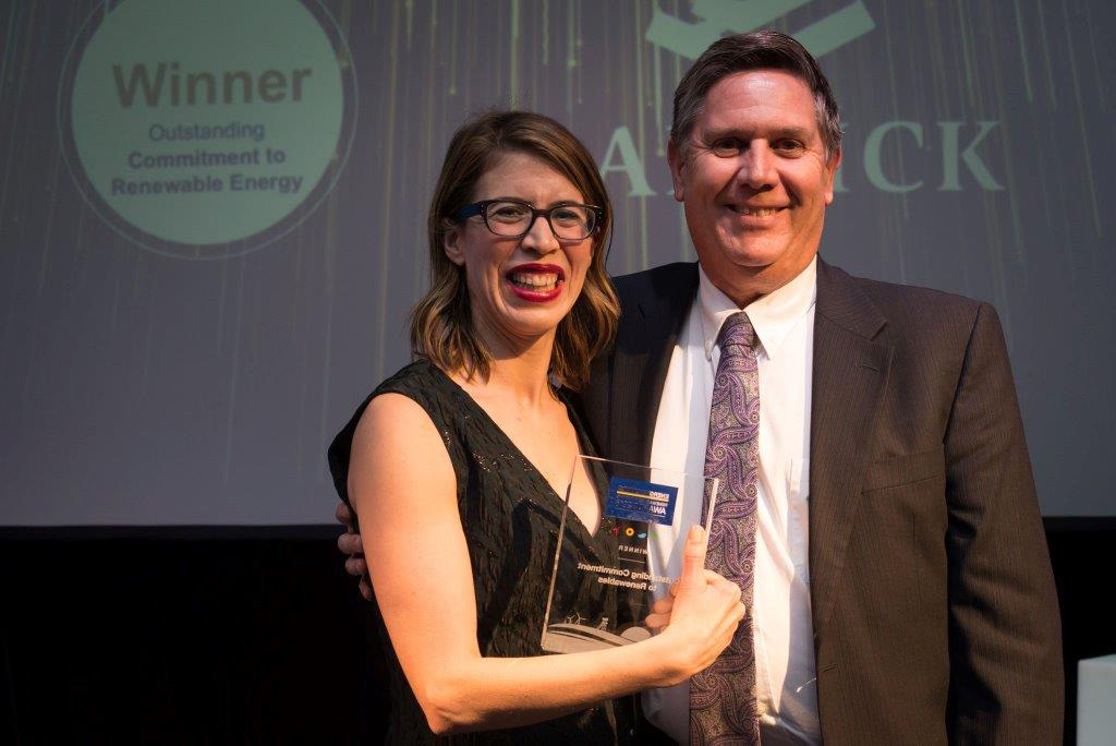 Russell Blades, Barrick’s Director of Energy and Climate Change, received the award on behalf of the Company from Adrienne Baker, Director of Energy and Mines.