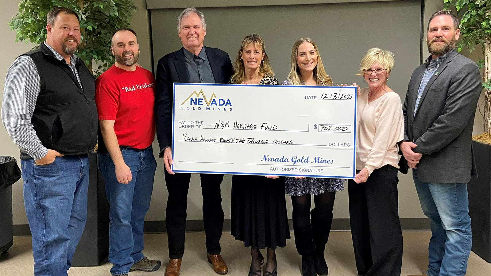 Nevada Gold Mines representatives pictured presenting local non-profit members with the total employee and company contributions of the 2021 Heritage Fund program.
