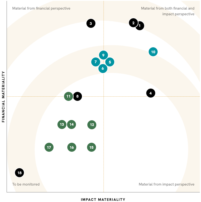 Double materiality matrix plotting 18 ESG topics by financial materiality on the vertical axis and impact materiality on the horizontal axis, categorized across Governance, Social, and Environmental pillars.