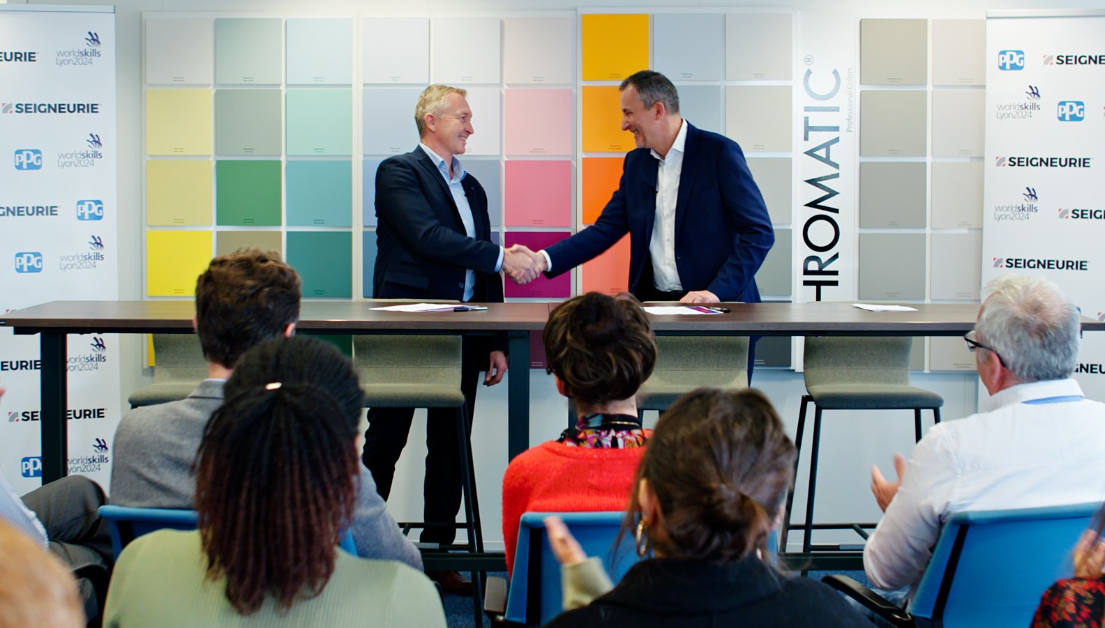 Pascal Tisseyre, PPG vice president, EMEA South, Architectural Coatings, and Franck Le Roux, executive director of WorldSkills Lyon 2024 at the signing ceremony to mark PPG’s sponsorship of the event.