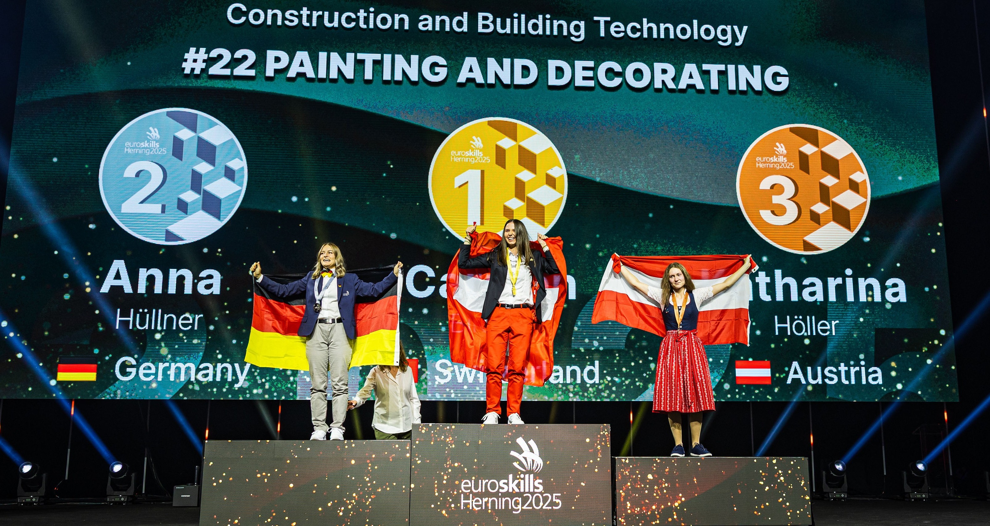 The winners of the Painting and Decorating category at the EuroSkills Herning 2025 vocational skills event, which was sponsored by PPG.
