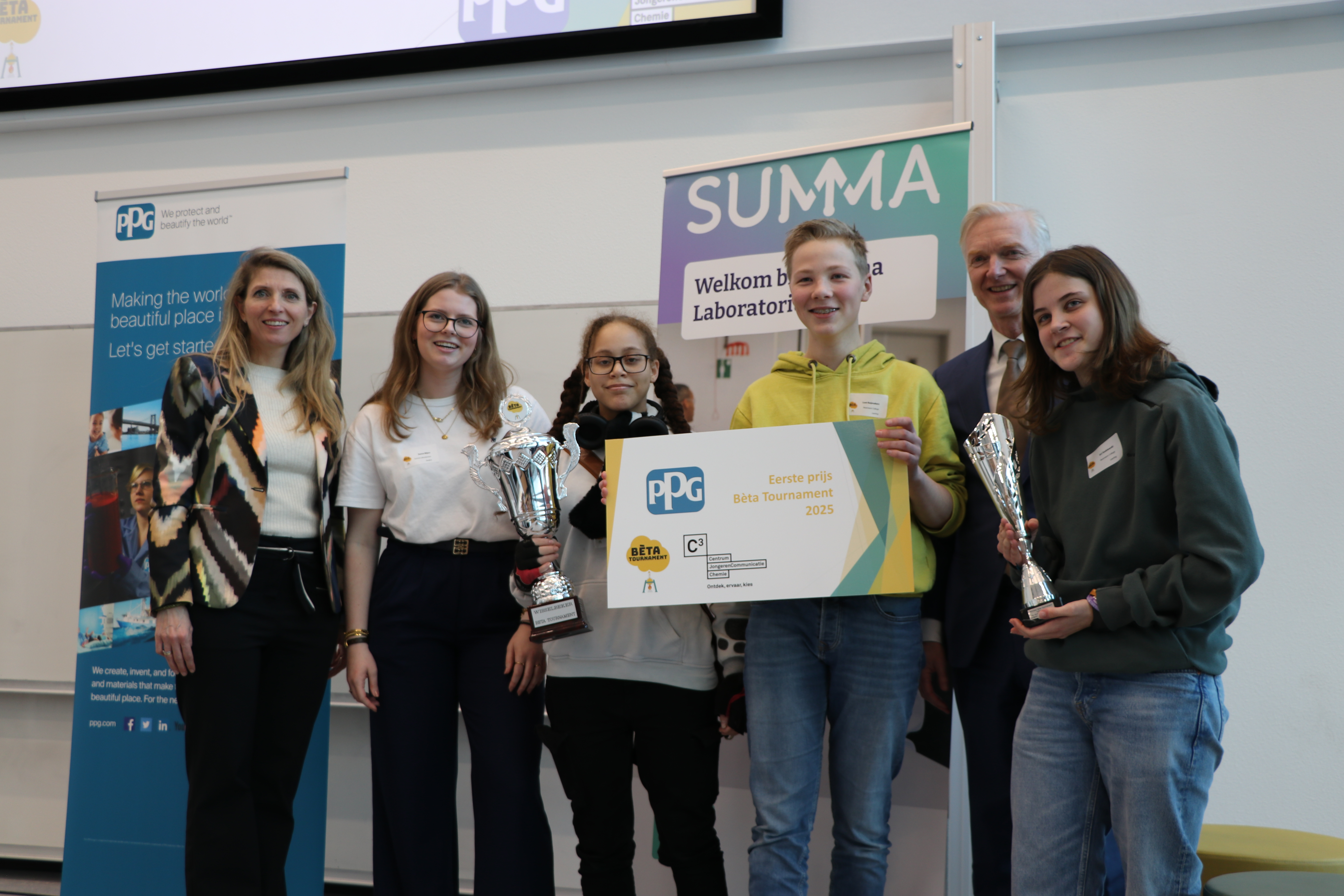 Students from Newmancollege in Breda were joint first prize winners of the Beta Tournament, a competition for Dutch vocational students supported by PPG through its partnership with Dutch education nonprofit Centrum JongerenCommunicatie Chemie (C3). Photo: Jeroen Liebers, Studio38c.