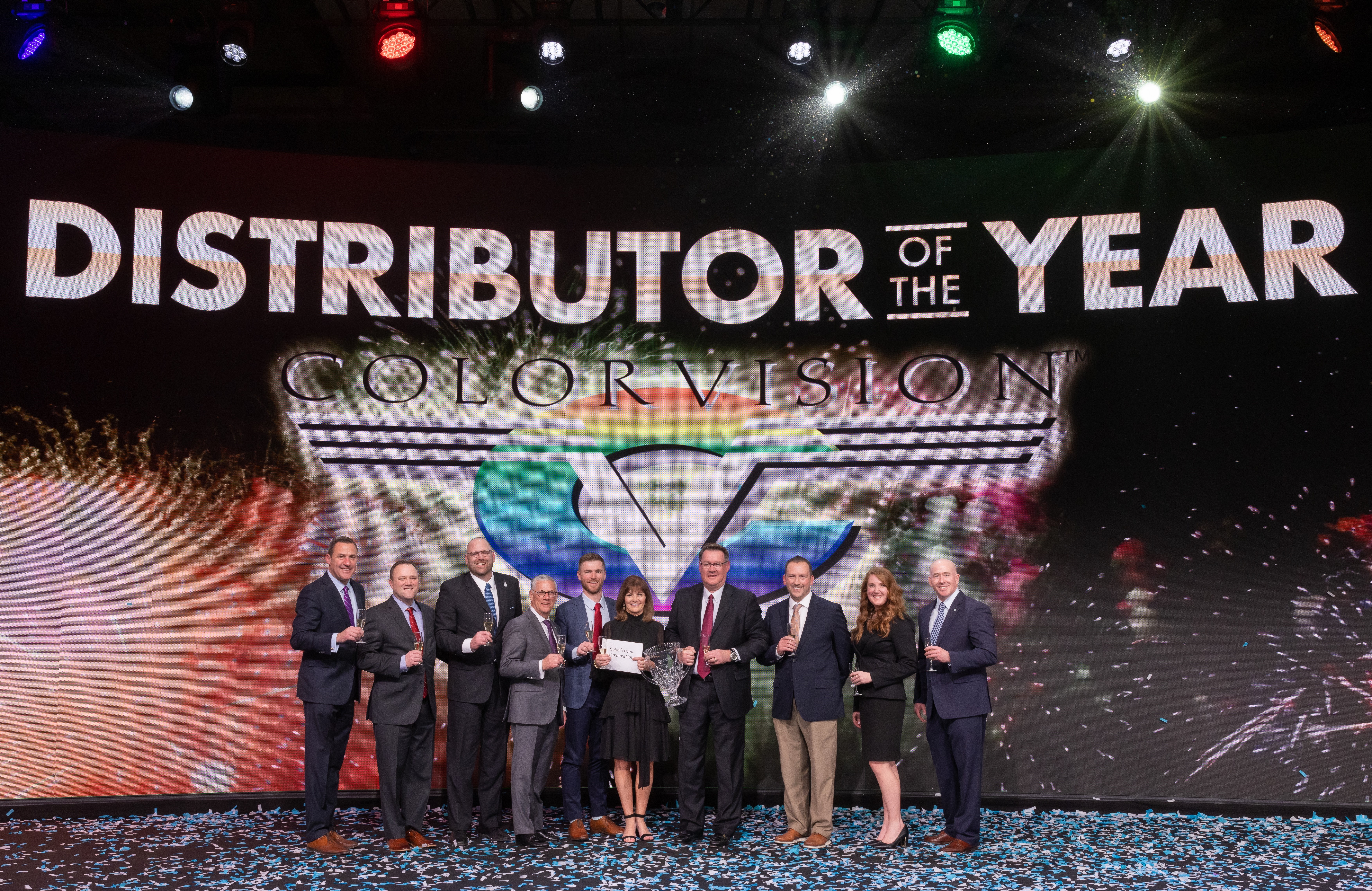 ColorVision is the recipient of the PPG Automotive Refinish 2021 Platinum Distributor of the Year award. Taking part in the celebration are (from left) Tom Maziarz, PPG vice president, Automotive Refinish, Americas; Chris Dewes, former PPG director, PPG PLATINUM DISTRIBUTOR™ programs; Christopher Wegley, ColorVision operations director; Michael McGarry, PPG chairman and chief executive officer; Connor Allen, ColorVision general manager; Kathy  Allen, ColorVision owner; Gary Allen, ColorVision president; Jay Elliott, ColorVision sales director; Natalie Scott, PPG director, PPG Platinum Distributor programs; and Chancey Hagerty, PPG vice president, global Automotive Refinish.